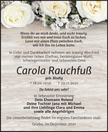 Traueranzeige von Carola Rauchfuß von Trauerkombi Wittenberg