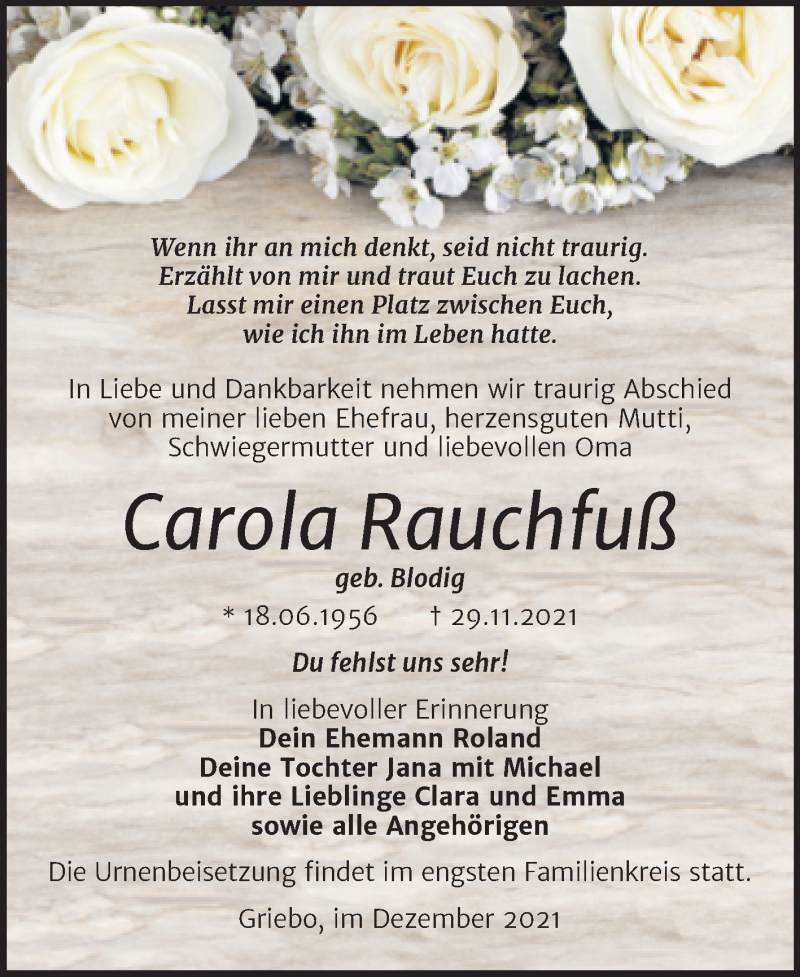  Traueranzeige für Carola Rauchfuß vom 04.12.2021 aus Trauerkombi Wittenberg