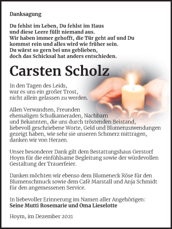 Traueranzeige von Carsten Scholz von Trauerkombi Aschersleben