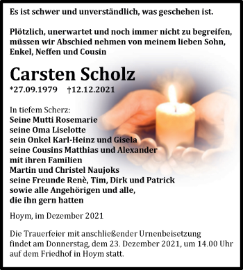 Traueranzeige von Carsten Scholz von Trauerkombi Aschersleben