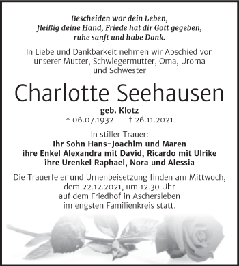 Traueranzeige von Charlotte Seehausen von Trauerkombi Aschersleben