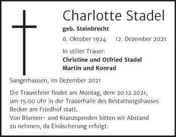 Traueranzeige von Charlotte Stadel von Trauerkombi Sangerhausen