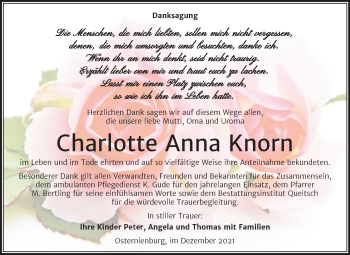 Traueranzeige von Charlotte Anna Knorn von Trauerkombi Köthen