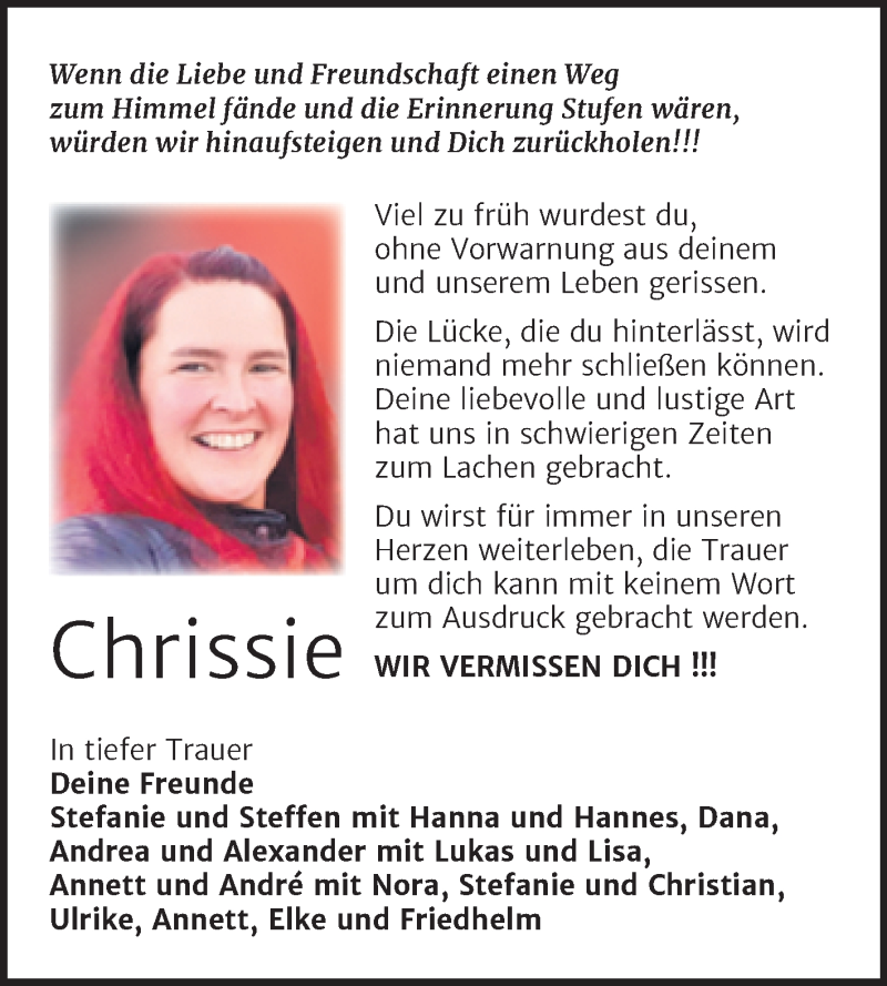  Traueranzeige für Chrissie  vom 01.12.2021 aus Wochenspiegel Naumburg/Nebra