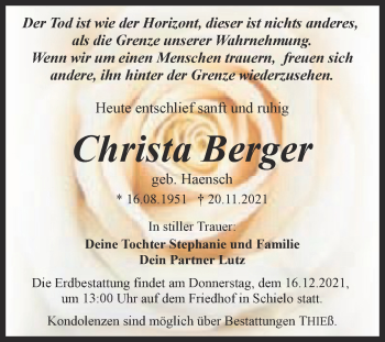 Traueranzeige von Christa Berger von Trauerkombi Quedlinburg