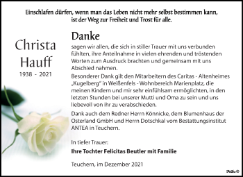 Traueranzeige von Christa Hauff von Trauerkombi Weißenfels