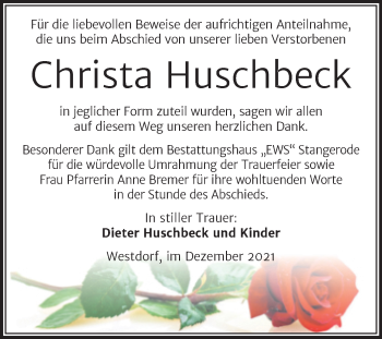 Traueranzeige von Christa Huschbeck von Trauerkombi Aschersleben