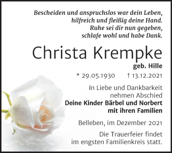 Traueranzeige von Christa Krempke von Trauerkombi Bernburg
