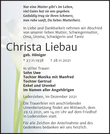 Traueranzeige von Christa Liebau von Trauerkombi Merseburg