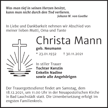 Traueranzeige von Christa Mann von Trauerkombi Merseburg