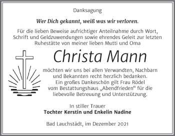 Traueranzeige von Christa Mann von Trauerkombi Merseburg