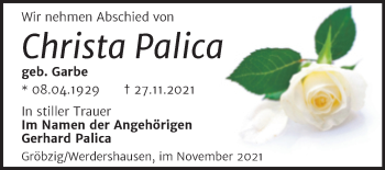 Traueranzeige von Christa Palica von Trauerkombi Köthen
