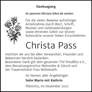 Traueranzeige von Christa Pass von Trauerkombi Bernburg