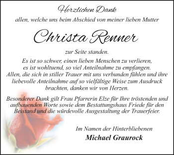 Traueranzeige von Christa Renner von Trauerkombi Dessau