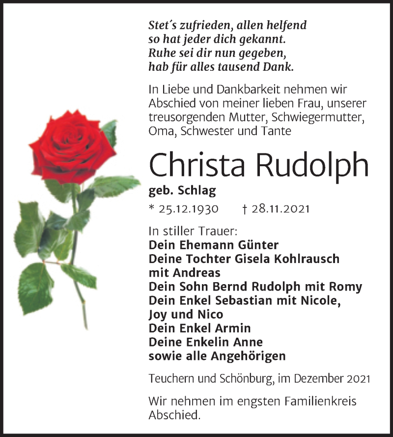  Traueranzeige für Christa Rudolph vom 04.12.2021 aus Trauerkombi Weißenfels