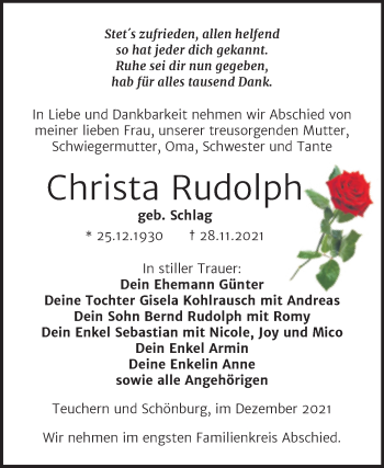 Traueranzeige von Christa Rudolph von Wochenspiegel Naumburg/Nebra