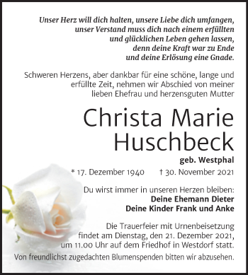 Traueranzeige von Christa Marie Huschbeck von Trauerkombi Aschersleben