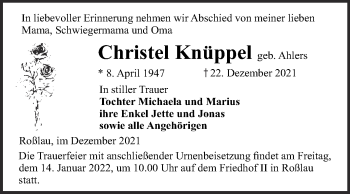 Traueranzeige von Christel Knüppel von Trauerkombi Dessau