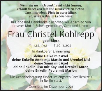 Traueranzeige von Christel Kohlrepp von Trauerkombi Merseburg