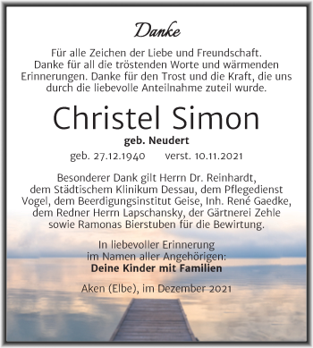 Traueranzeige von Christel Simon von Trauerkombi Köthen