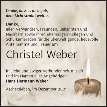 Traueranzeige von Christel Weber von Trauerkombi Aschersleben