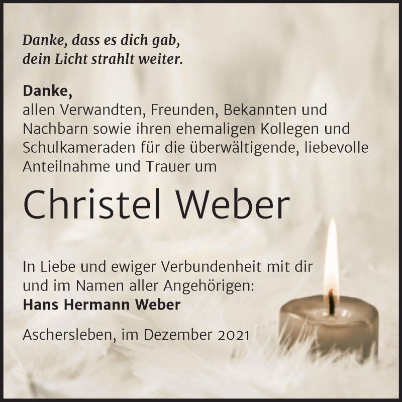  Traueranzeige für Christel Weber vom 18.12.2021 aus Trauerkombi Aschersleben