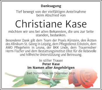 Traueranzeige von Christiane Kase von Trauerkombi Merseburg