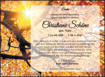 Traueranzeige von Christiane Schöne von Wochenspiegel Naumburg/Nebra