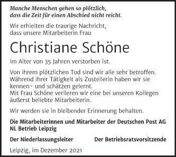 Traueranzeige von Christiane Schöne von Wochenspiegel Naumburg/Nebra