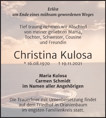 Traueranzeige von Christina Kulosa von Trauerkombi Wittenberg