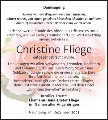 Traueranzeige von Christine Fliege von Wochenspiegel Naumburg/Nebra