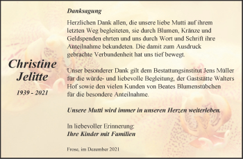 Traueranzeige von Christine Jelitte von Trauerkombi Aschersleben