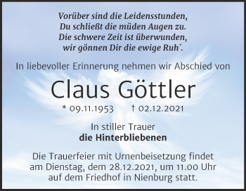 Traueranzeige von Claus Göttler von Trauerkombi Bernburg