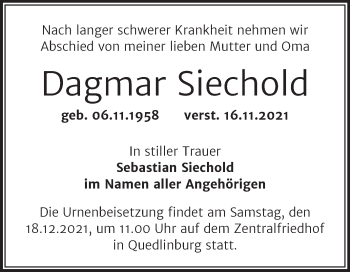 Traueranzeige von Dagmar Siechold von Trauerkombi Quedlinburg