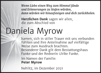 Traueranzeige von Daniela Myrow von Mitteldeutsche Zeitung Halle/Saalkreis