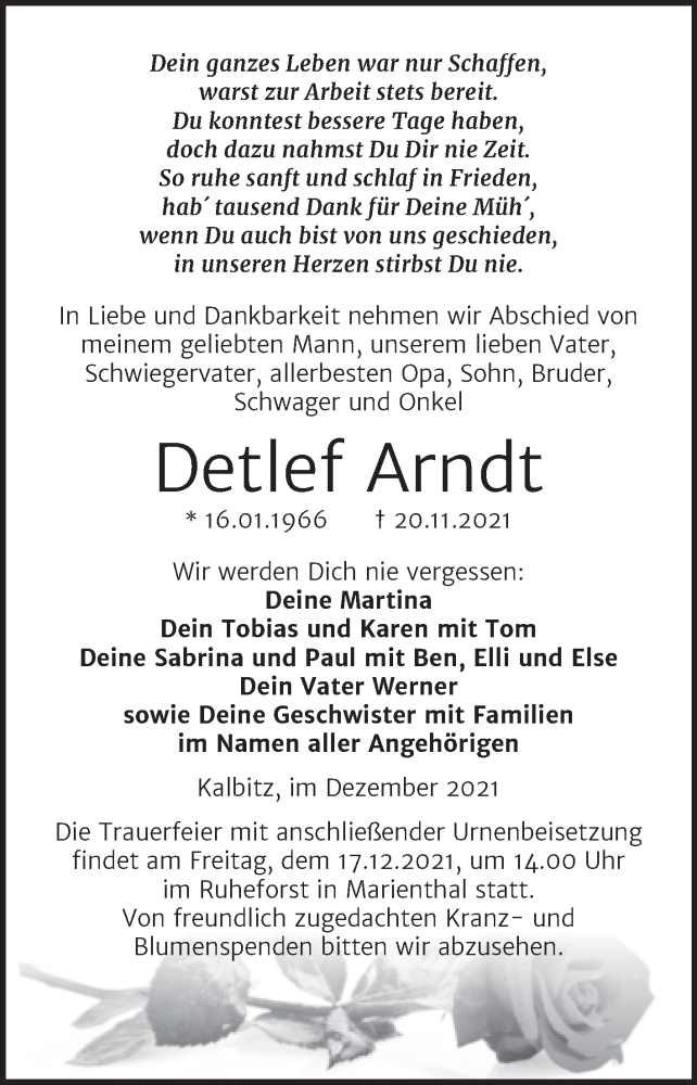  Traueranzeige für Detlef Arndt vom 04.12.2021 aus Naumburger Tageblatt