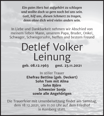 Traueranzeige von Detlef Volker Leinung von Trauerkombi Wittenberg