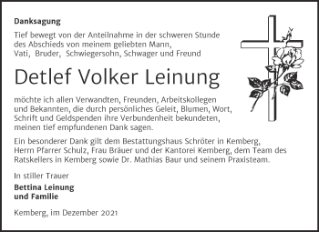 Traueranzeige von Detlef Volker Leinung von Trauerkombi Wittenberg