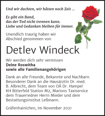 Traueranzeige von Detlev Windeck von Trauerkombi Wittenberg