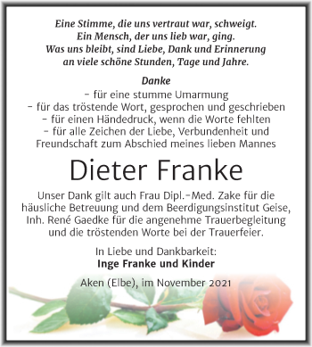 Traueranzeige von Dieter Franke von Trauerkombi Köthen