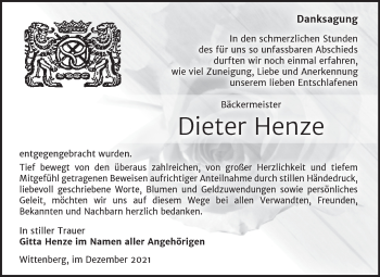 Traueranzeige von Dieter Henze von Trauerkombi Wittenberg