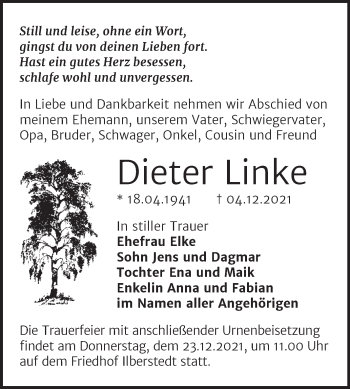 Traueranzeige von Dieter Linke von Trauerkombi Bernburg