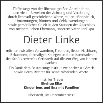 Traueranzeige von Dieter Linke von Trauerkombi Bernburg