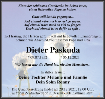 Traueranzeige von Dieter Paskuda von Trauerkombi Dessau