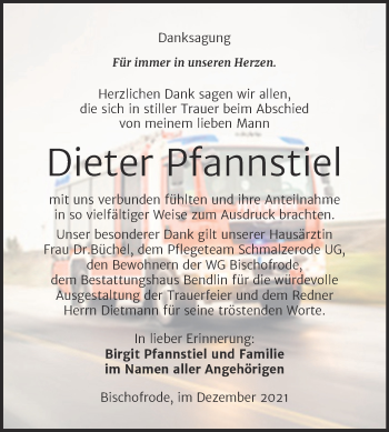 Traueranzeige von Dieter Pfannstiel von Trauerkombi Mansfelder Land
