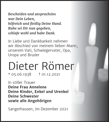 Traueranzeige von Dieter Römer von Mitteldeutsche Zeitung Sangerhausen