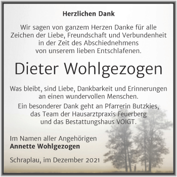 Traueranzeige von Dieter Wohlgezogen von Trauerkombi Merseburg