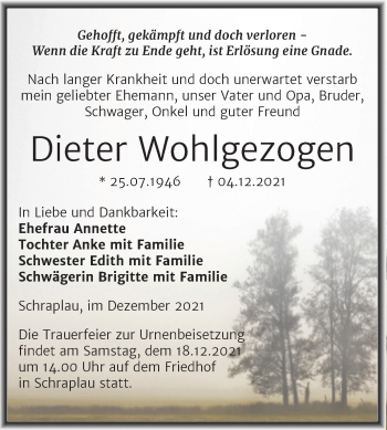 Traueranzeige von Dieter Wohlgezogen von Trauerkombi Merseburg