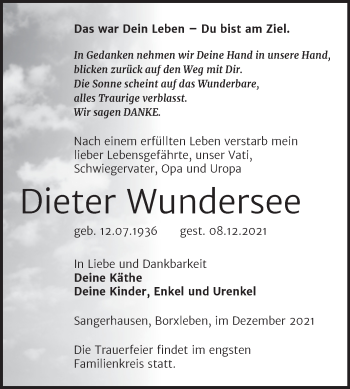 Traueranzeige von Dieter Wundersee von Trauerkombi Sangerhausen