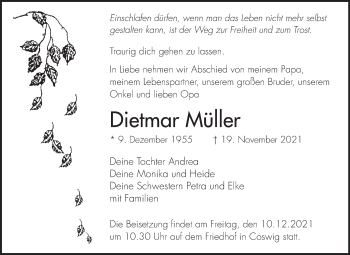 Traueranzeige von Dietmar Müller von Trauerkombi Wittenberg